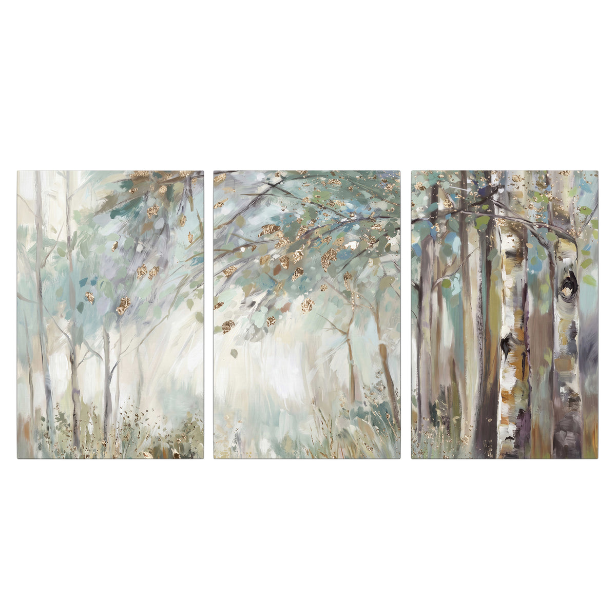 Slender woodland trunks and delicate branches in soft green and cream 3 piece canvas wall art viewed straight on