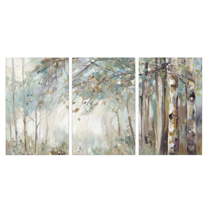 Slender woodland trunks and delicate branches in soft green and cream 3 piece canvas wall art viewed straight on