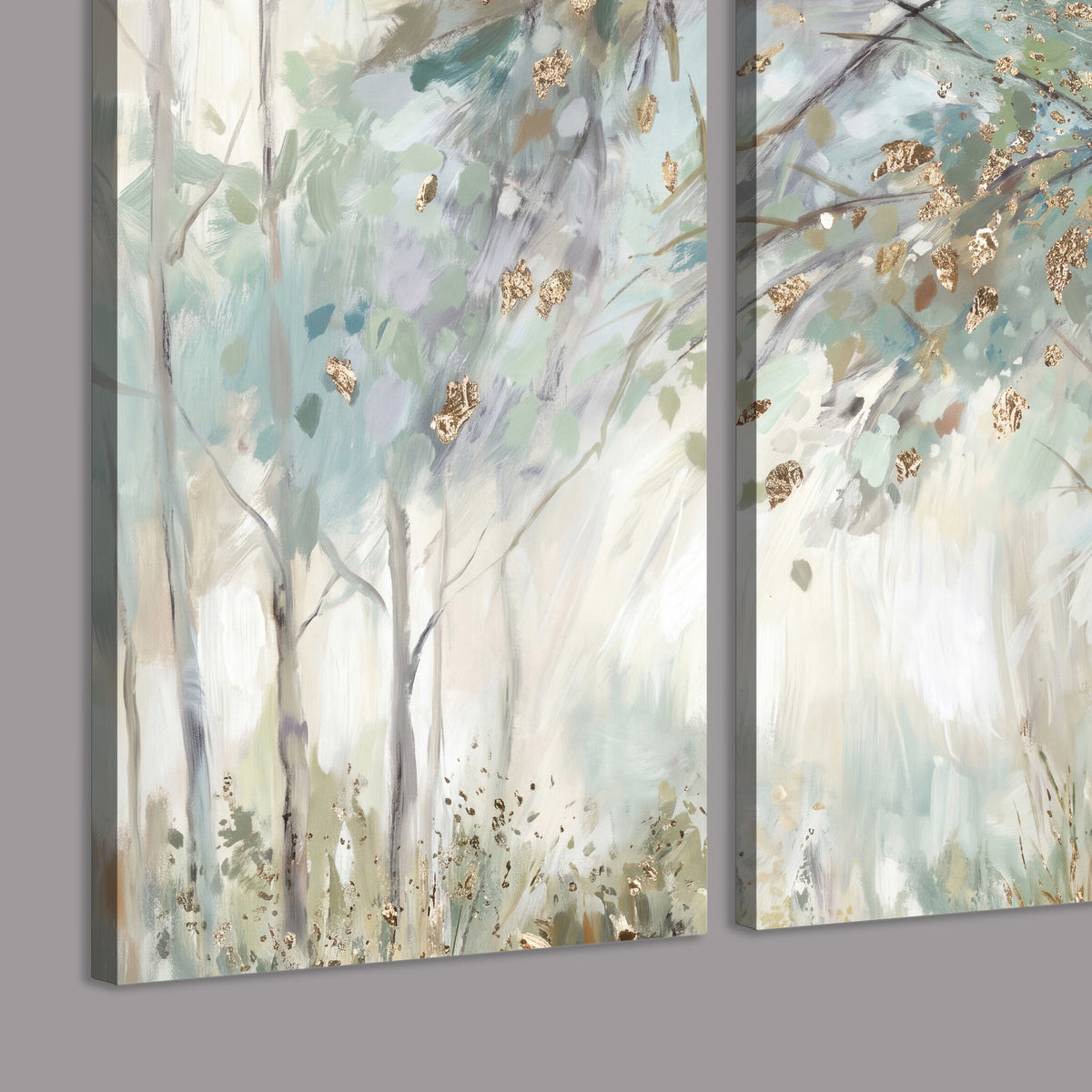Slender woodland trunks and delicate branches in soft green and cream 3 piece canvas wall art room and product view