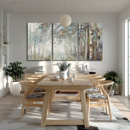 Slender woodland trunks and delicate branches in soft green and cream 3 piece canvas wall art room and product view