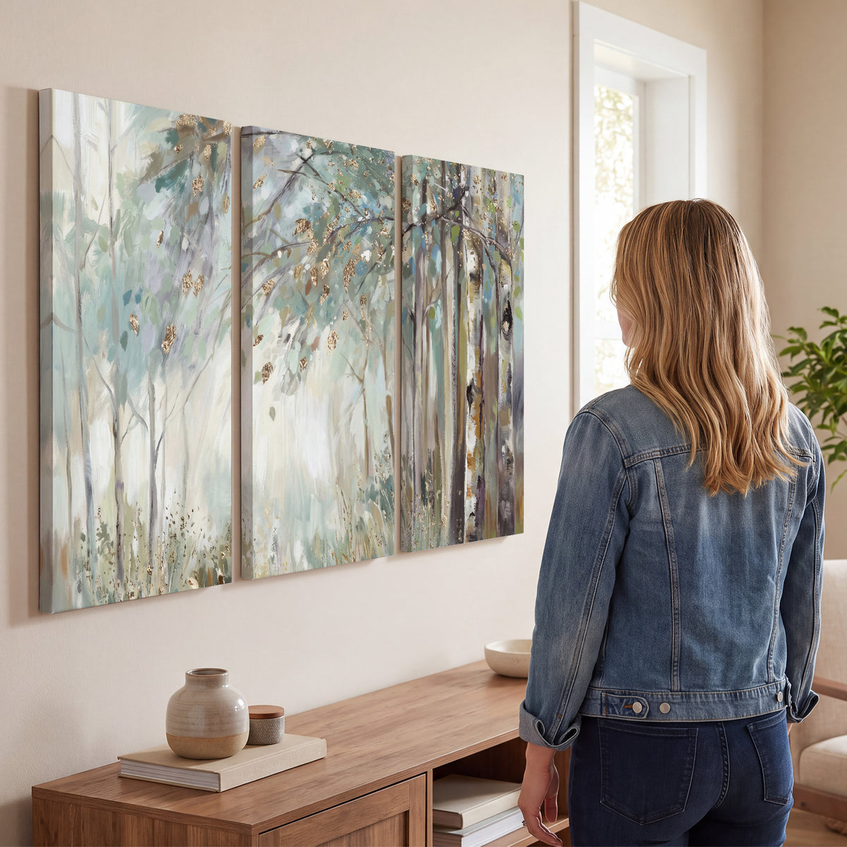 Slender woodland trunks and delicate branches in soft green and cream 3 piece canvas wall art three panel arrangement on a wall