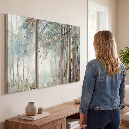 Slender woodland trunks and delicate branches in soft green and cream 3 piece canvas wall art three panel arrangement on a wall
