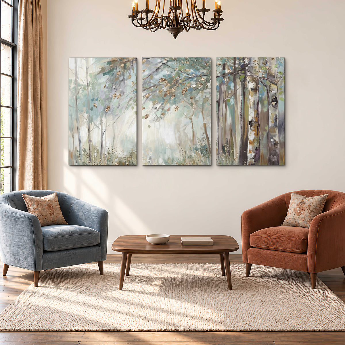 Slender woodland trunks and delicate branches in soft green and cream 3 piece canvas wall art styled in an interior