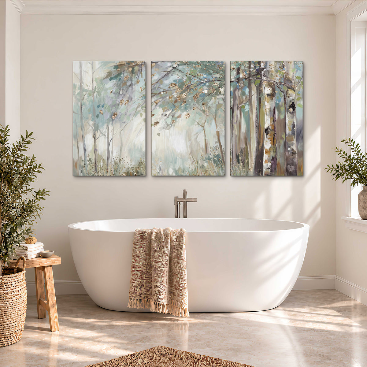 Slender woodland trunks and delicate branches in soft green and cream 3 piece canvas wall art styled in an interior