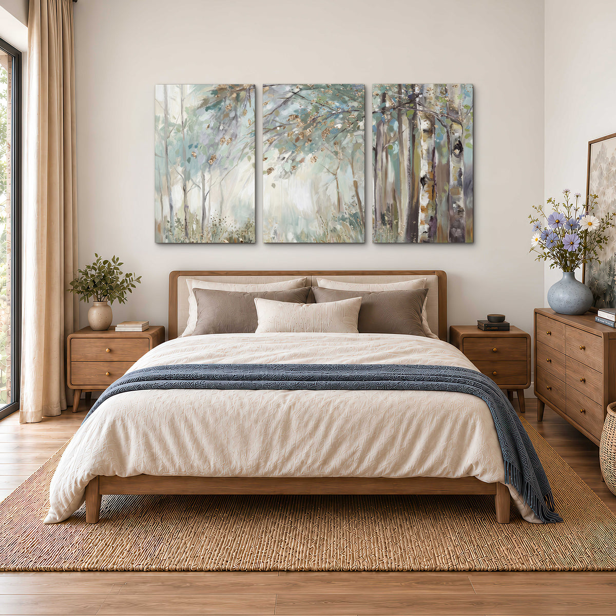 Slender woodland trunks and delicate branches in soft green and cream 3 piece canvas wall art styled in an interior