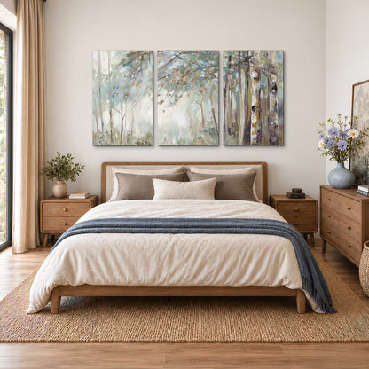 Slender woodland trunks and delicate branches in soft green and cream 3 piece canvas wall art styled in an interior