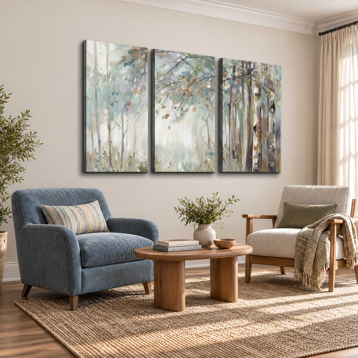 Slender woodland trunks and delicate branches in soft green and cream 3 piece canvas wall art styled in an interior
