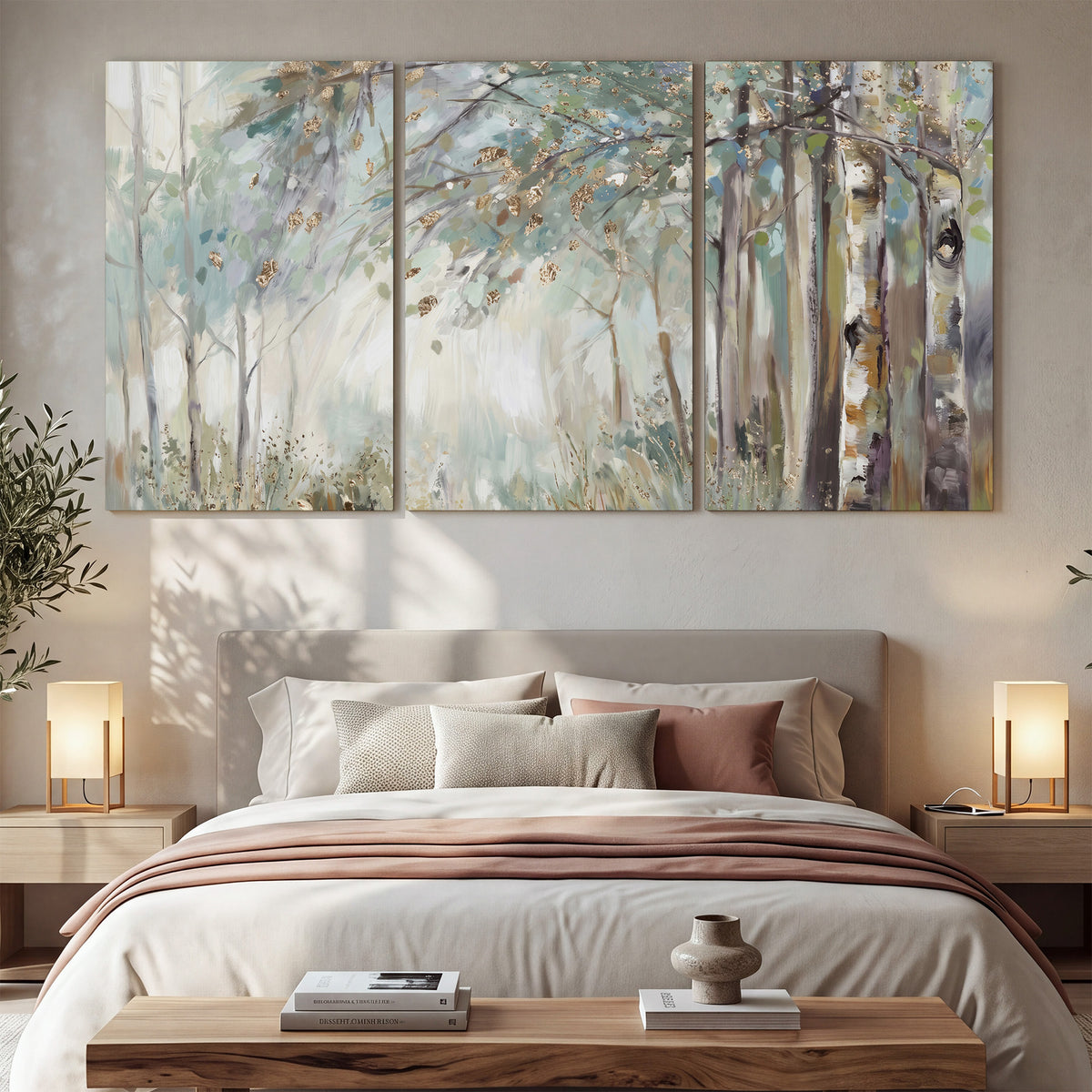 Slender woodland trunks and delicate branches in soft green and cream 3 piece canvas wall art displayed in a bedroom