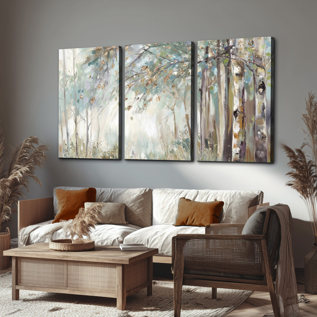 Slender woodland trunks and delicate branches in soft green and cream 3 piece canvas wall art displayed in a rustic living room
