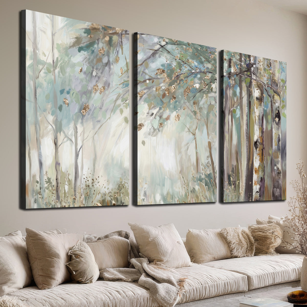 Slender woodland trunks and delicate branches in soft green and cream 3 piece canvas wall art room and product view
