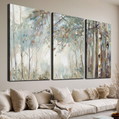 Slender woodland trunks and delicate branches in soft green and cream 3 piece canvas wall art room and product view