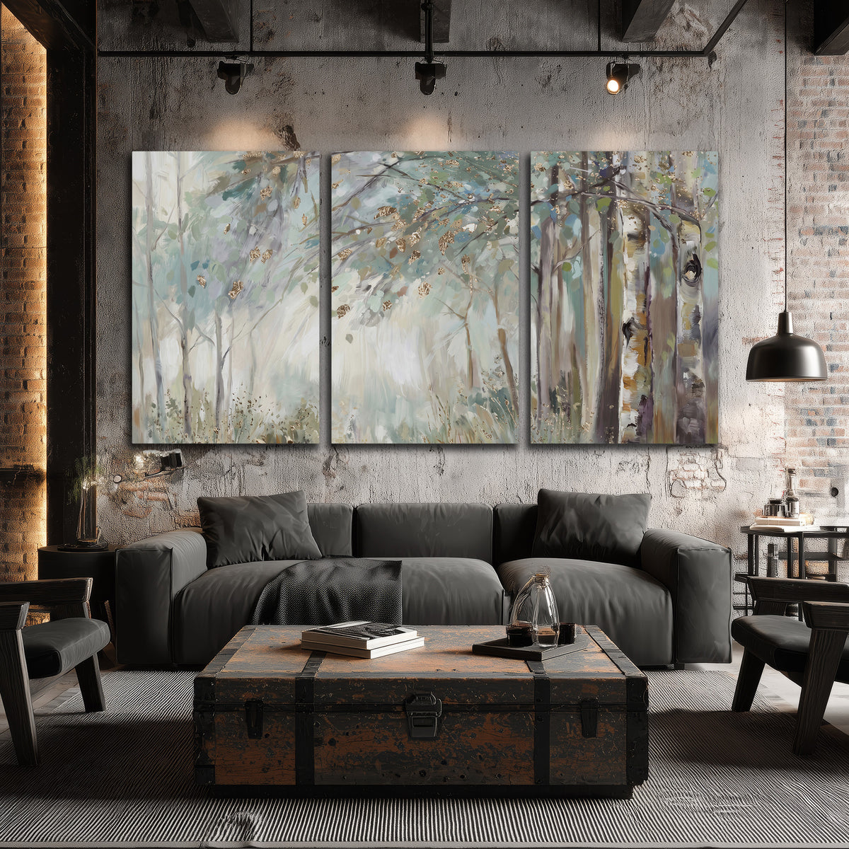 Slender woodland trunks and delicate branches in soft green and cream 3 piece canvas wall art displayed in a industrial room
