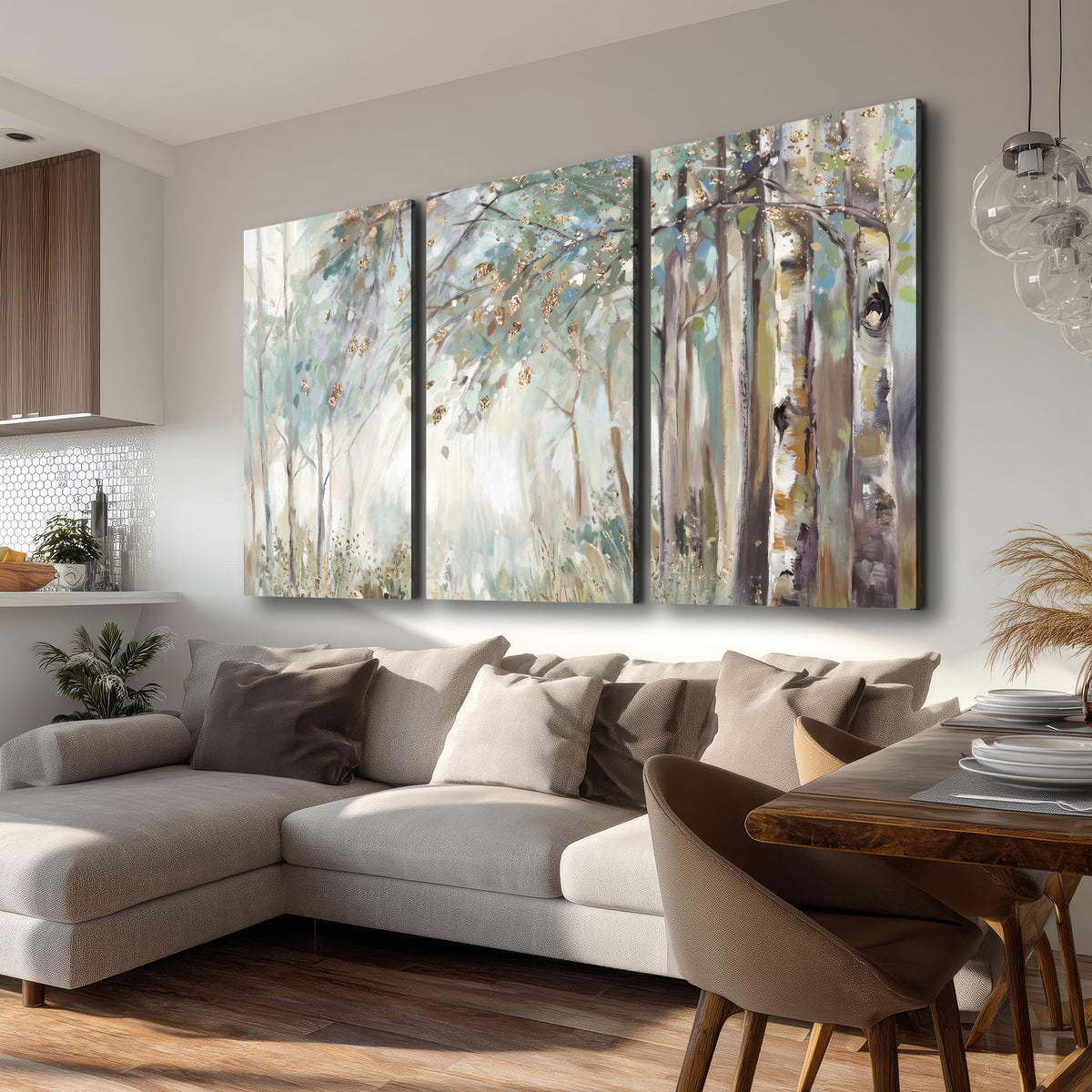 Slender woodland trunks and delicate branches in soft green and cream 3 piece canvas wall art room and product view
