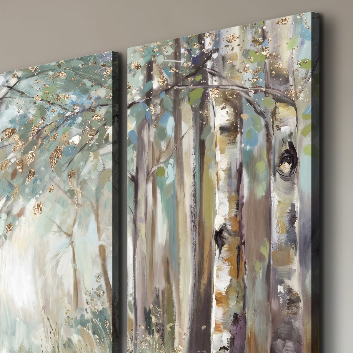 Slender woodland trunks and delicate branches in soft green and cream 3 piece canvas wall art room and product view
