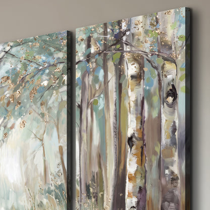 Slender woodland trunks and delicate branches in soft green and cream 3 piece canvas wall art room and product view