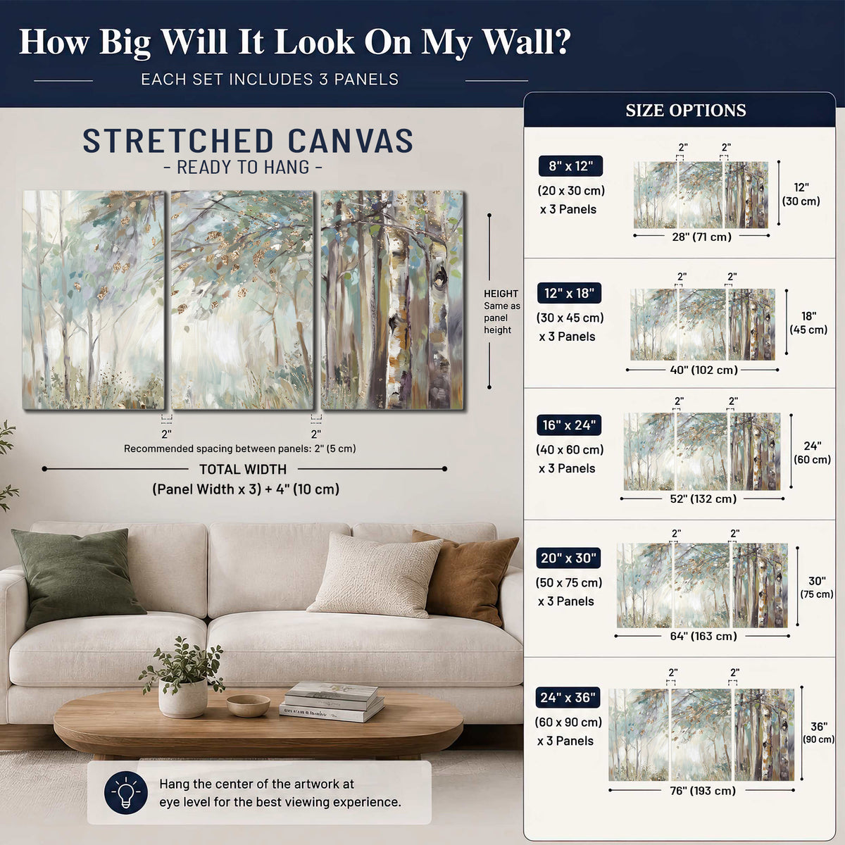 Slender woodland trunks and delicate branches in soft green and cream 3 piece canvas wall art size guide above a sofa; room view is illustrative