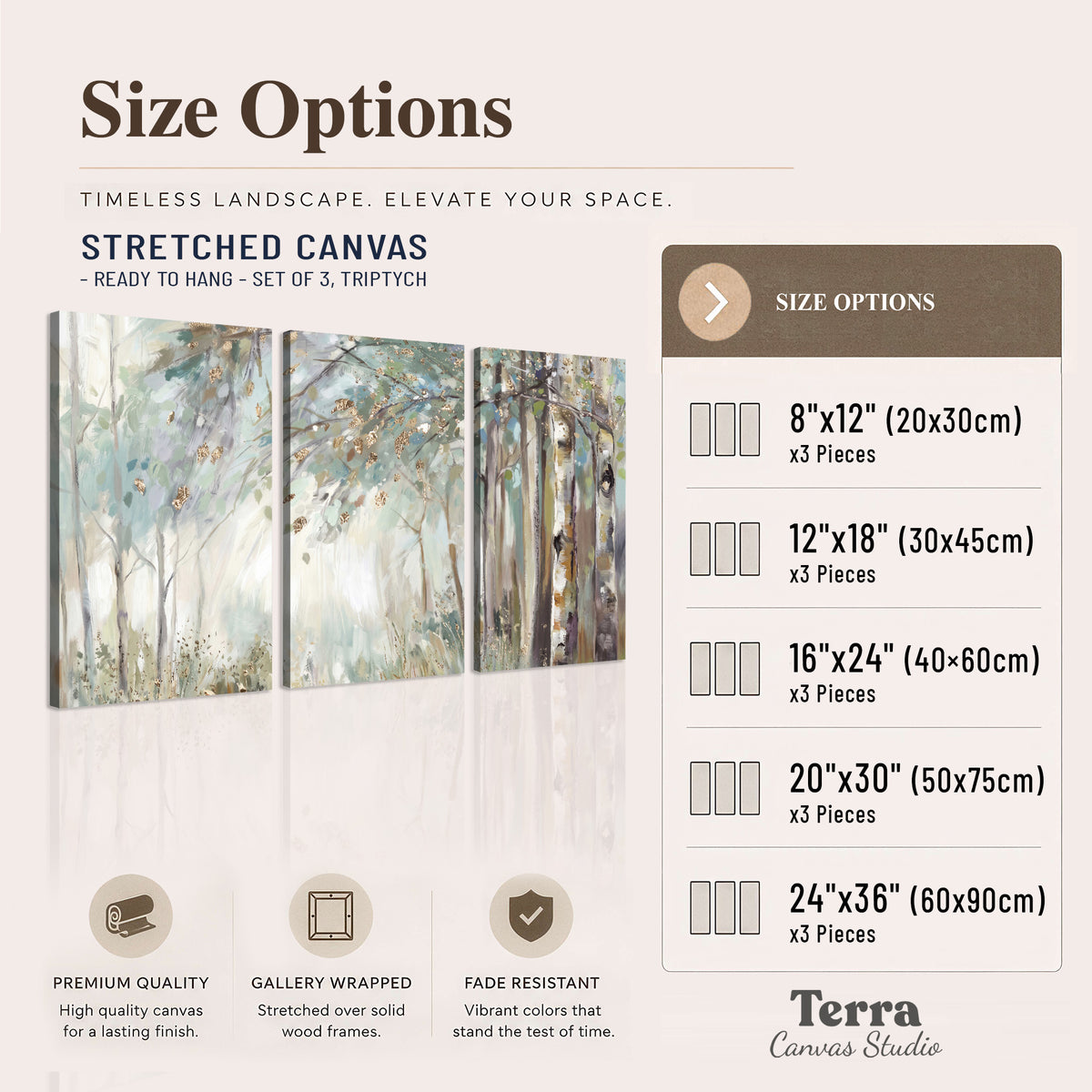 Slender woodland trunks and delicate branches in soft green and cream 3 piece canvas wall art available dimensions; triptych dimensions are per panel