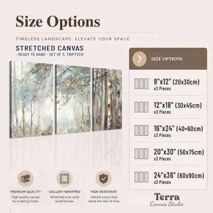 Slender woodland trunks and delicate branches in soft green and cream 3 piece canvas wall art available dimensions; triptych dimensions are per panel