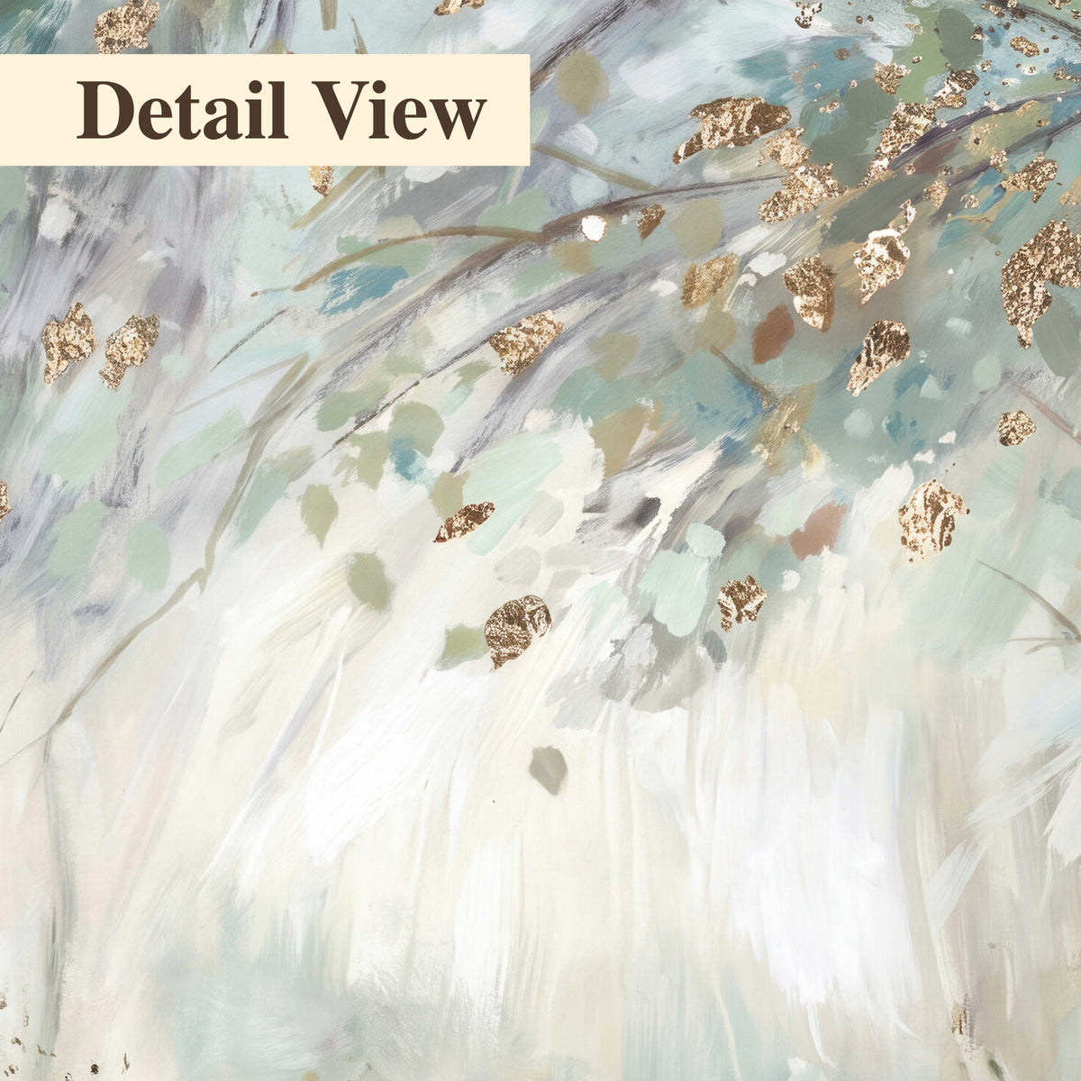 Slender woodland trunks and delicate branches in soft green and cream 3 piece canvas wall art artwork detail close up