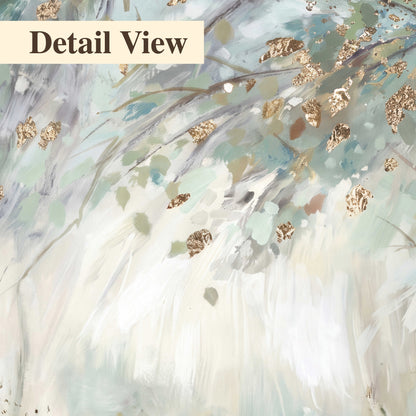 Slender woodland trunks and delicate branches in soft green and cream 3 piece canvas wall art artwork detail close up