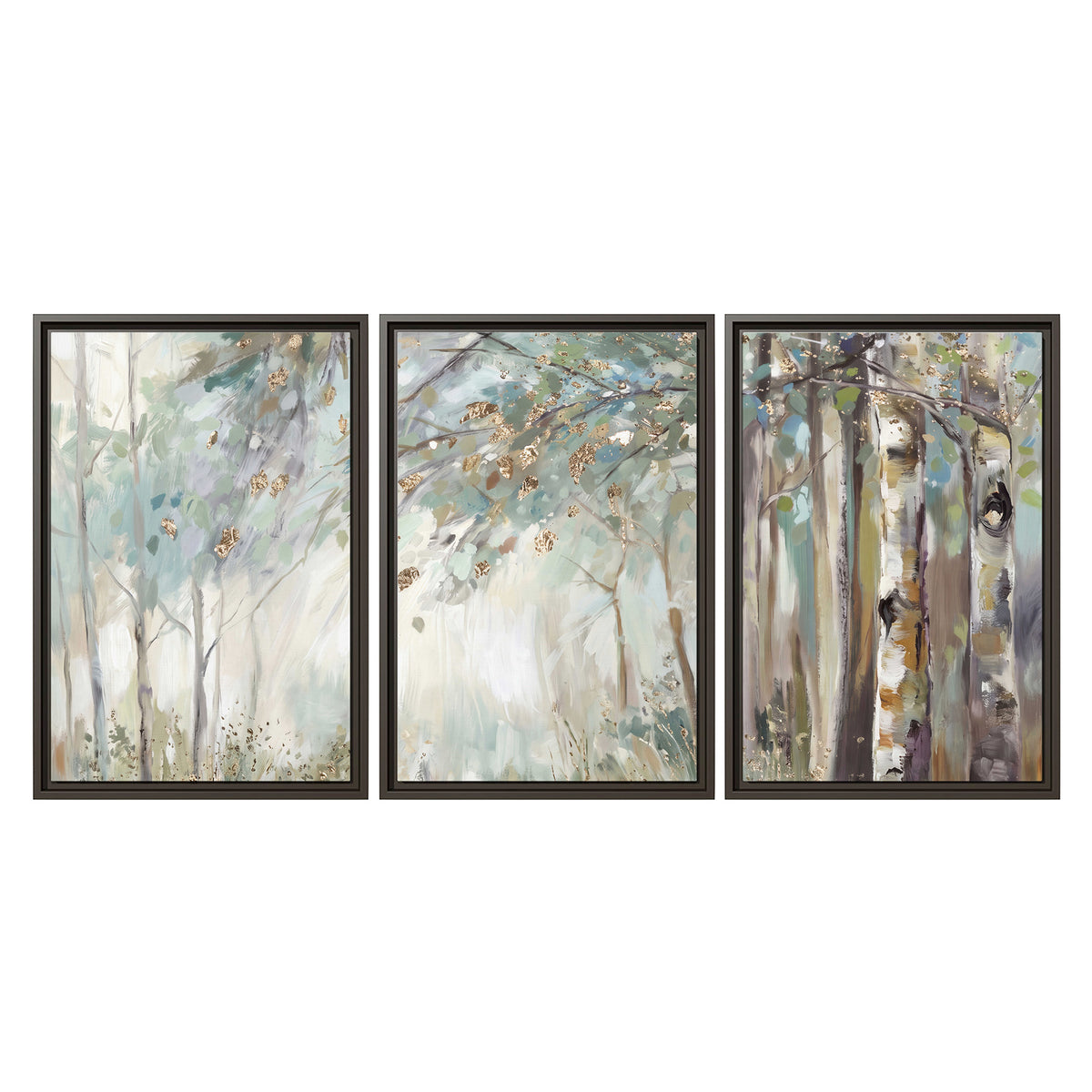 Slender woodland trunks and delicate branches in soft green and cream 3 piece framed canvas wall art viewed straight on