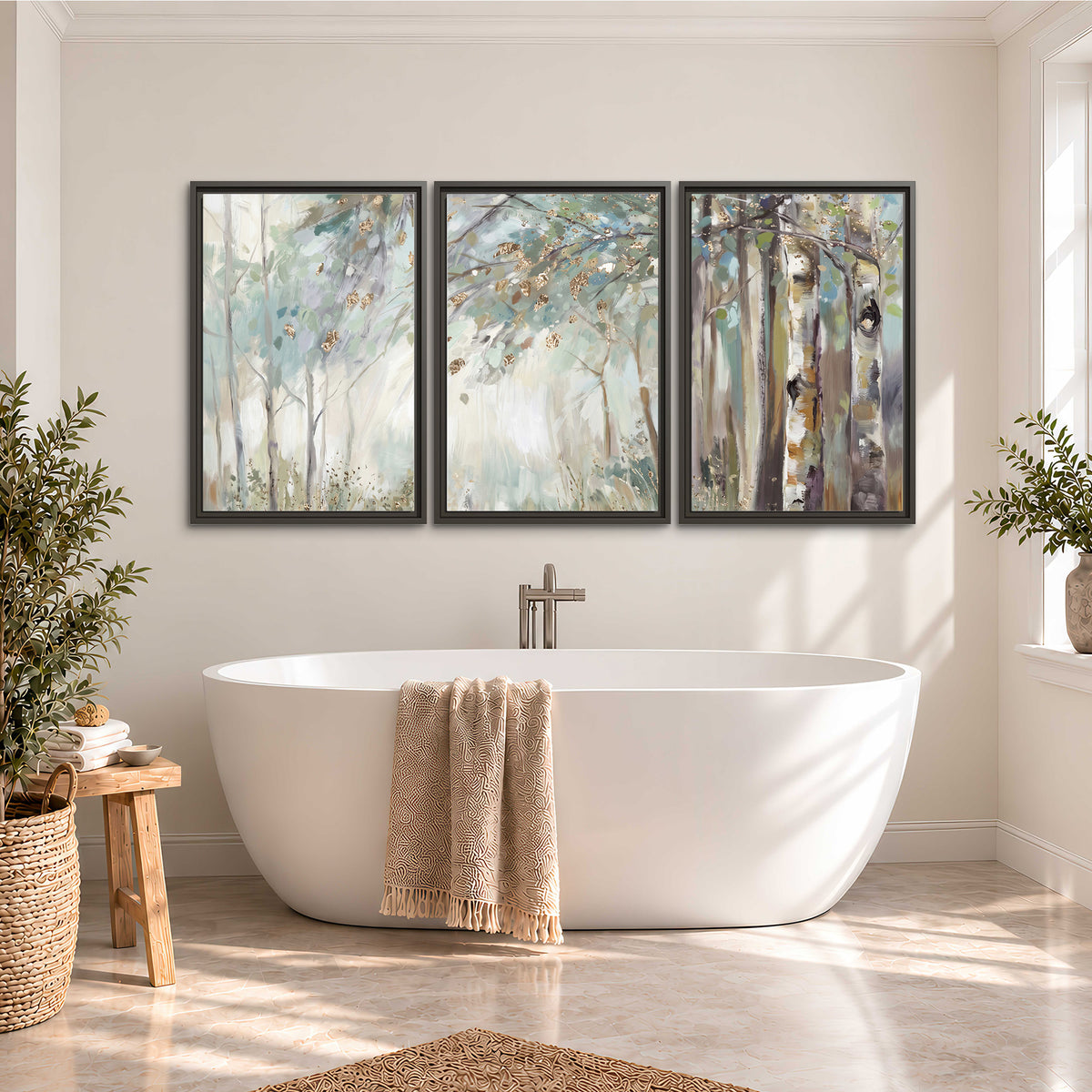 Slender woodland trunks and delicate branches in soft green and cream 3 piece framed canvas wall art styled in an interior