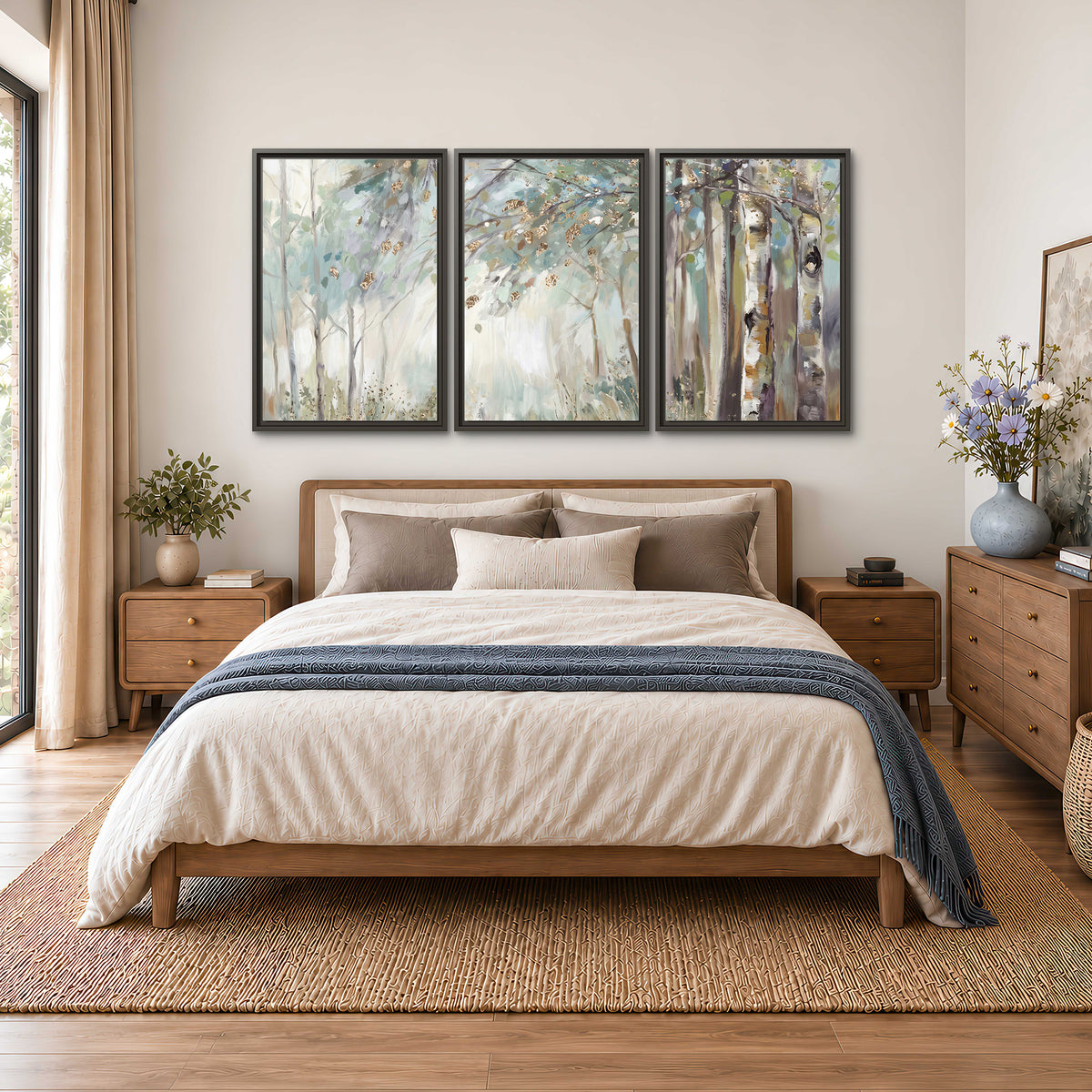 Slender woodland trunks and delicate branches in soft green and cream 3 piece framed canvas wall art styled in an interior