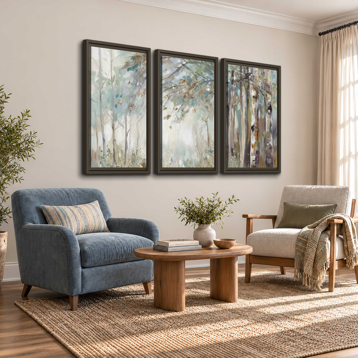Slender woodland trunks and delicate branches in soft green and cream 3 piece framed canvas wall art styled in an interior