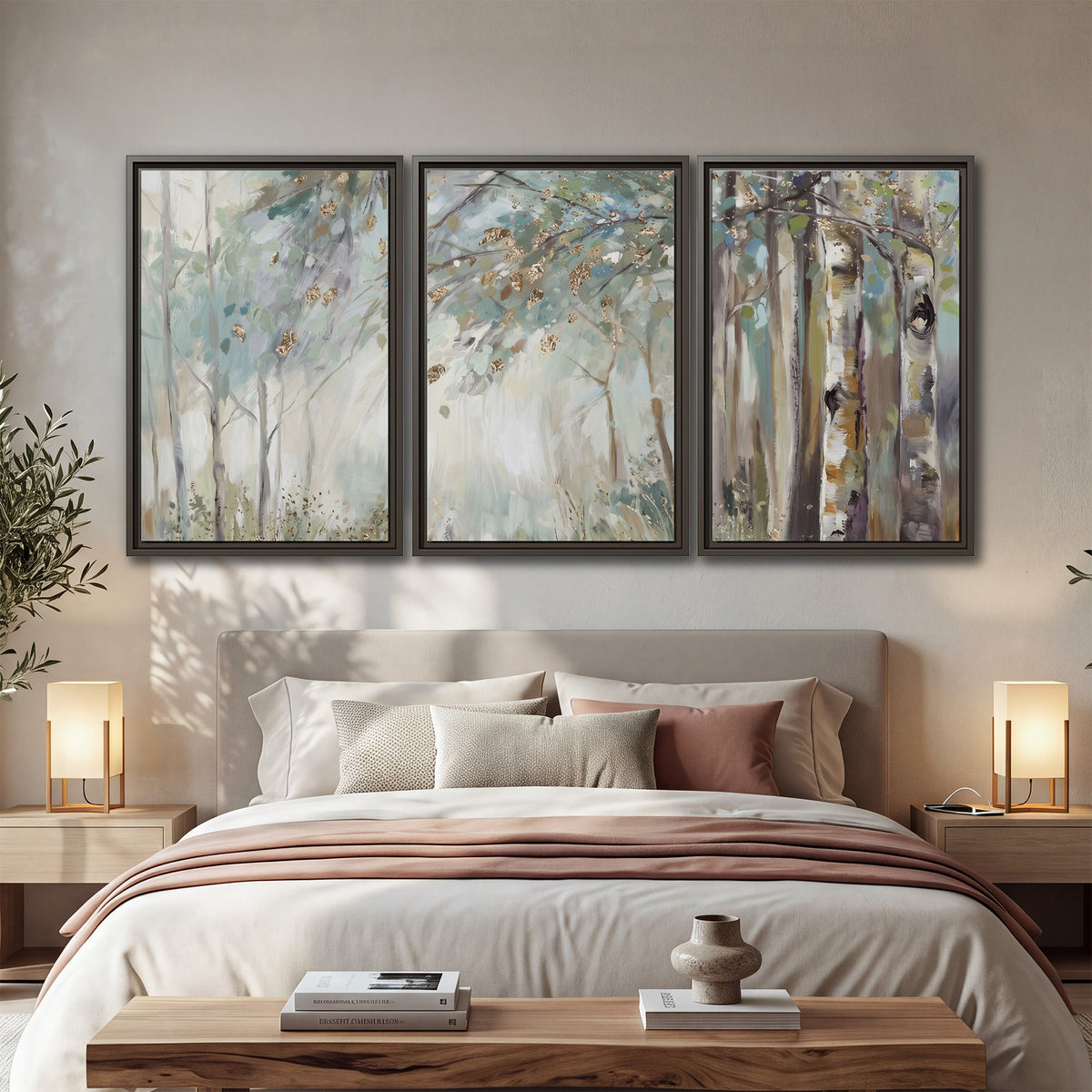 Slender woodland trunks and delicate branches in soft green and cream 3 piece framed canvas wall art displayed in a bedroom