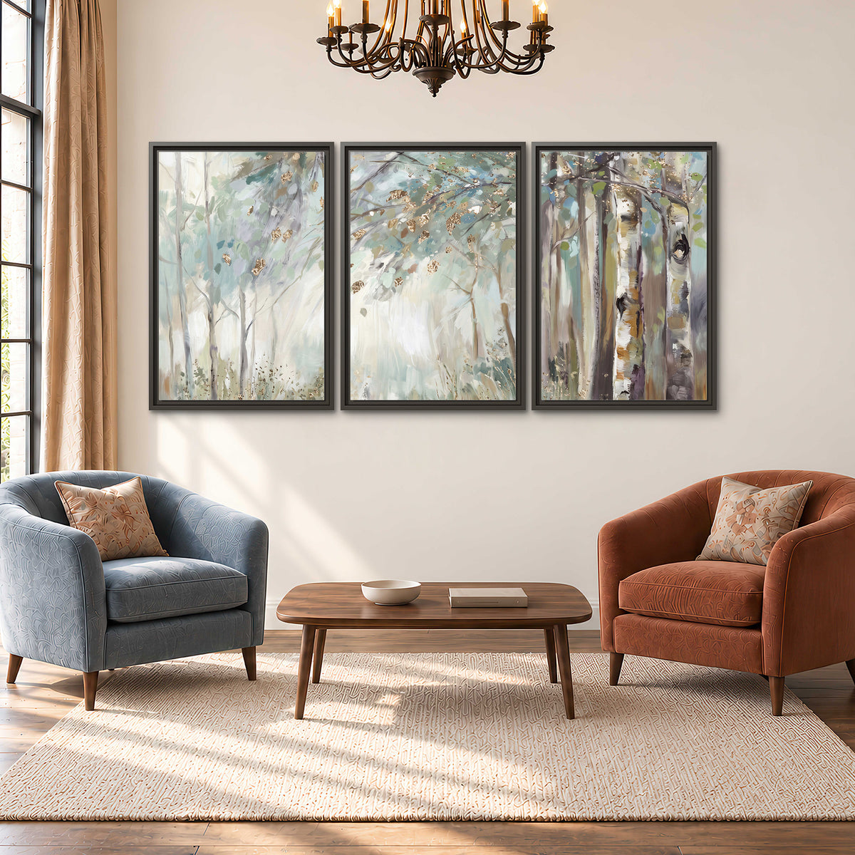 Slender woodland trunks and delicate branches in soft green and cream 3 piece framed canvas wall art styled in an interior