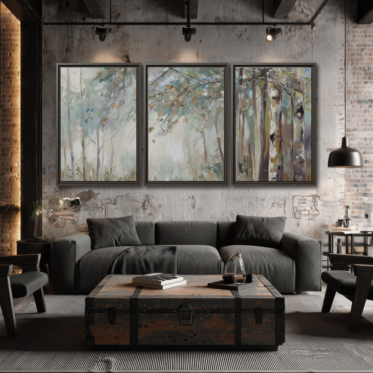 Slender woodland trunks and delicate branches in soft green and cream 3 piece framed canvas wall art displayed in a industrial room