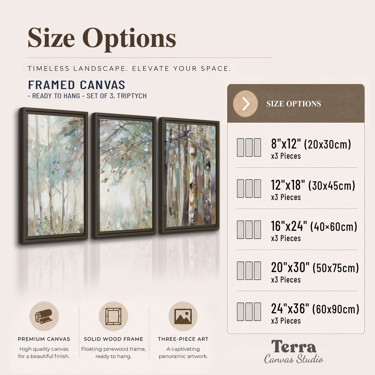 Slender woodland trunks and delicate branches in soft green and cream 3 piece framed canvas wall art available dimensions; triptych dimensions are per panel