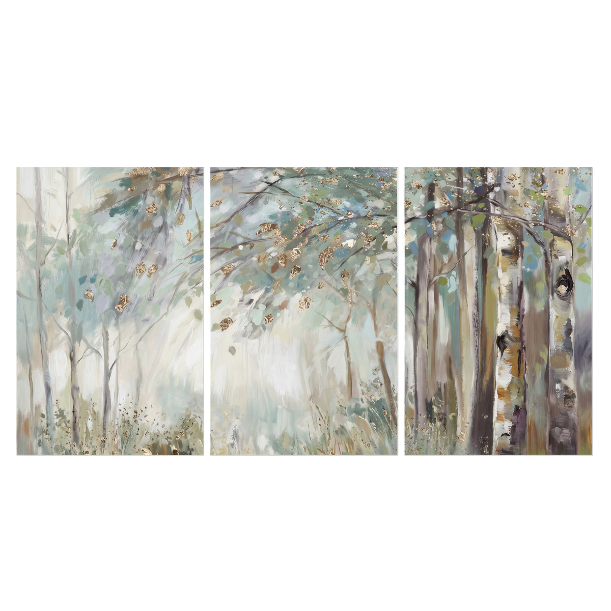 Slender woodland trunks and delicate branches in soft green and cream set of 3 poster prints viewed straight on