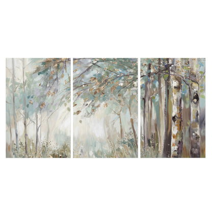 Slender woodland trunks and delicate branches in soft green and cream set of 3 poster prints viewed straight on