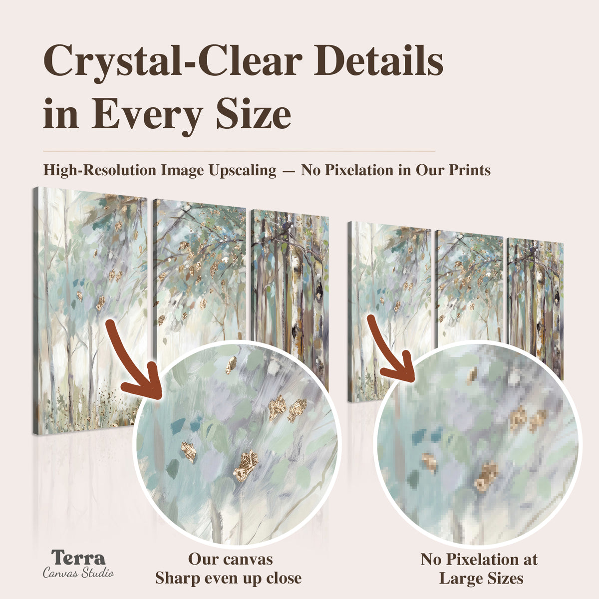 Slender woodland trunks and delicate branches in soft green and cream artwork quality information