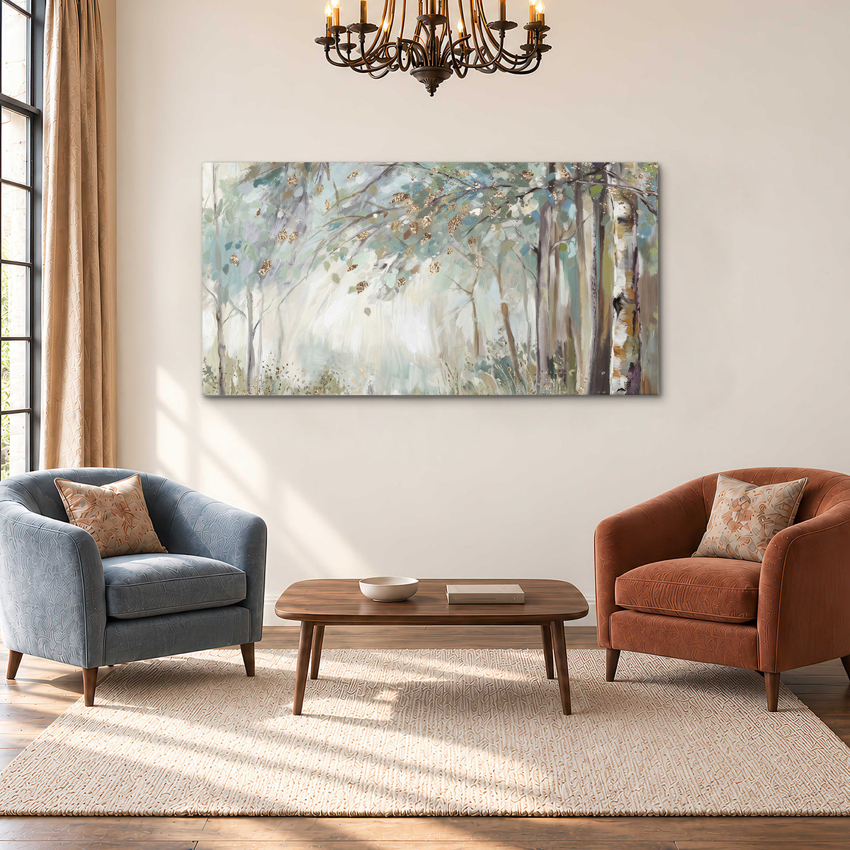 Slender woodland trunks and delicate branches in soft green and cream single canvas wall art styled in an interior