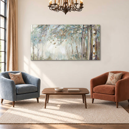 Slender woodland trunks and delicate branches in soft green and cream single canvas wall art styled in an interior