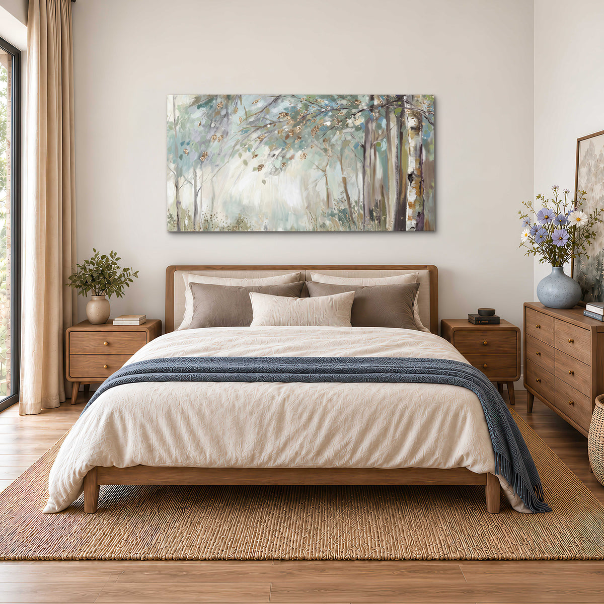 Slender woodland trunks and delicate branches in soft green and cream single canvas wall art styled in an interior