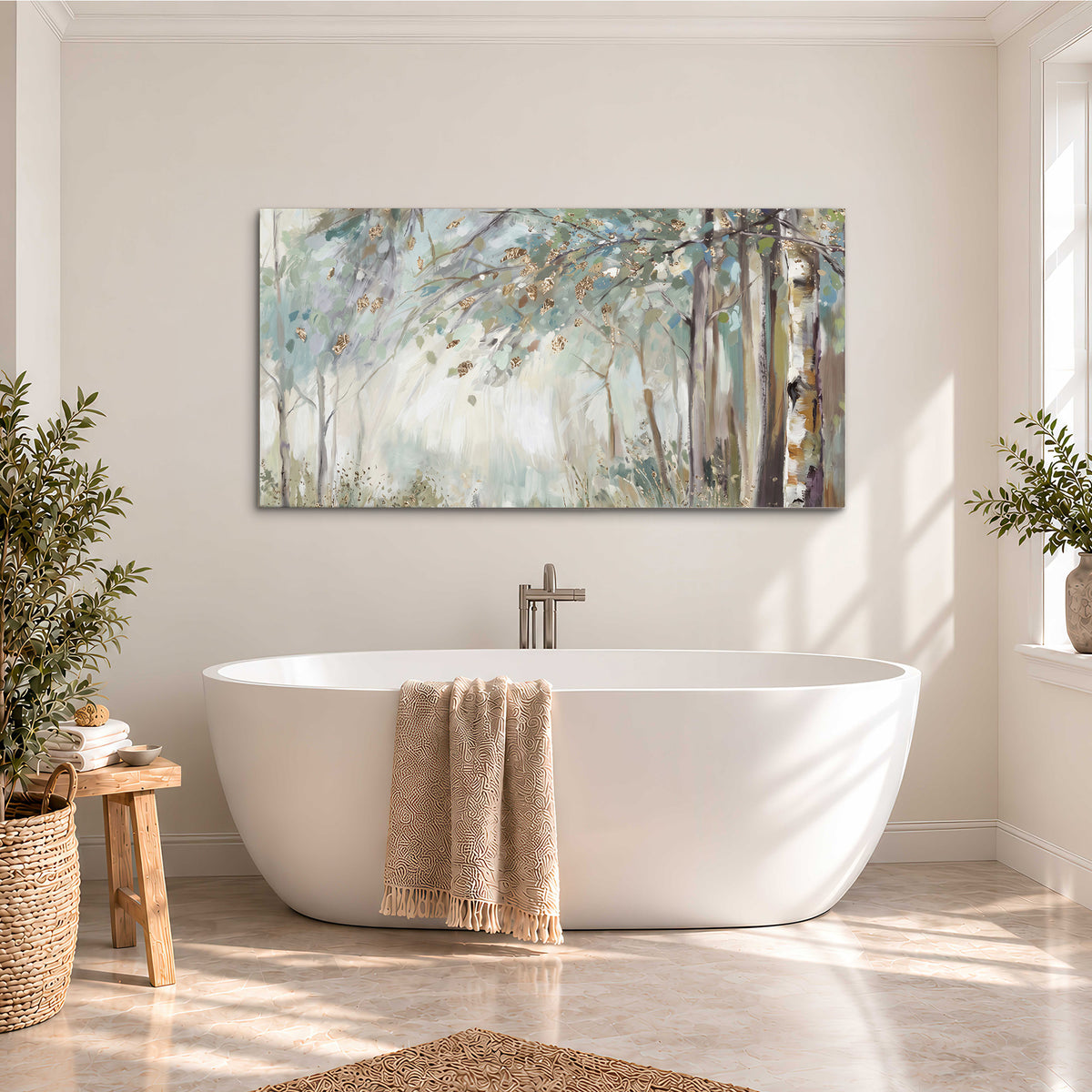 Slender woodland trunks and delicate branches in soft green and cream single canvas wall art styled in an interior