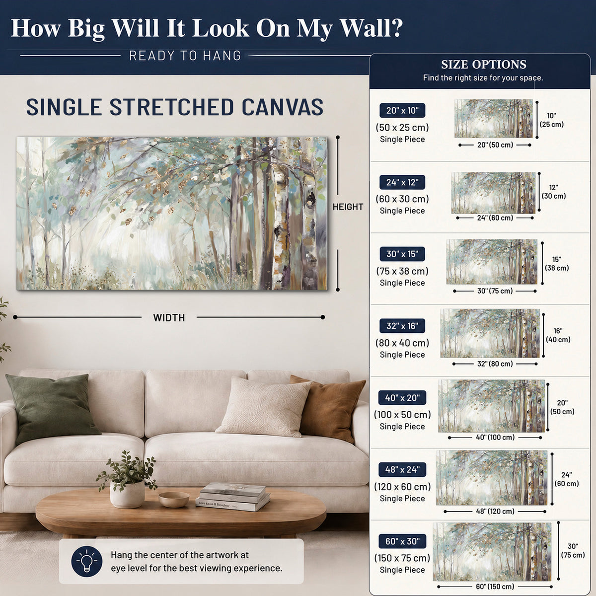 Slender woodland trunks and delicate branches in soft green and cream single canvas wall art size guide above a sofa; room view is illustrative