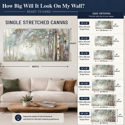 Slender woodland trunks and delicate branches in soft green and cream single canvas wall art size guide above a sofa; room view is illustrative