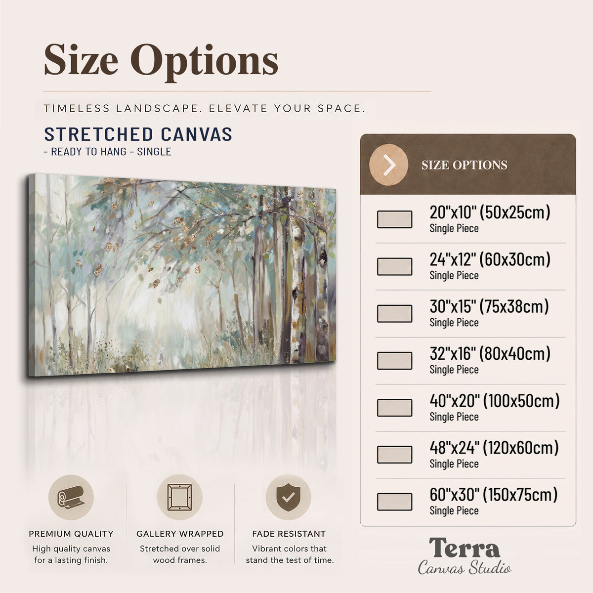 Slender woodland trunks and delicate branches in soft green and cream single canvas wall art available dimensions