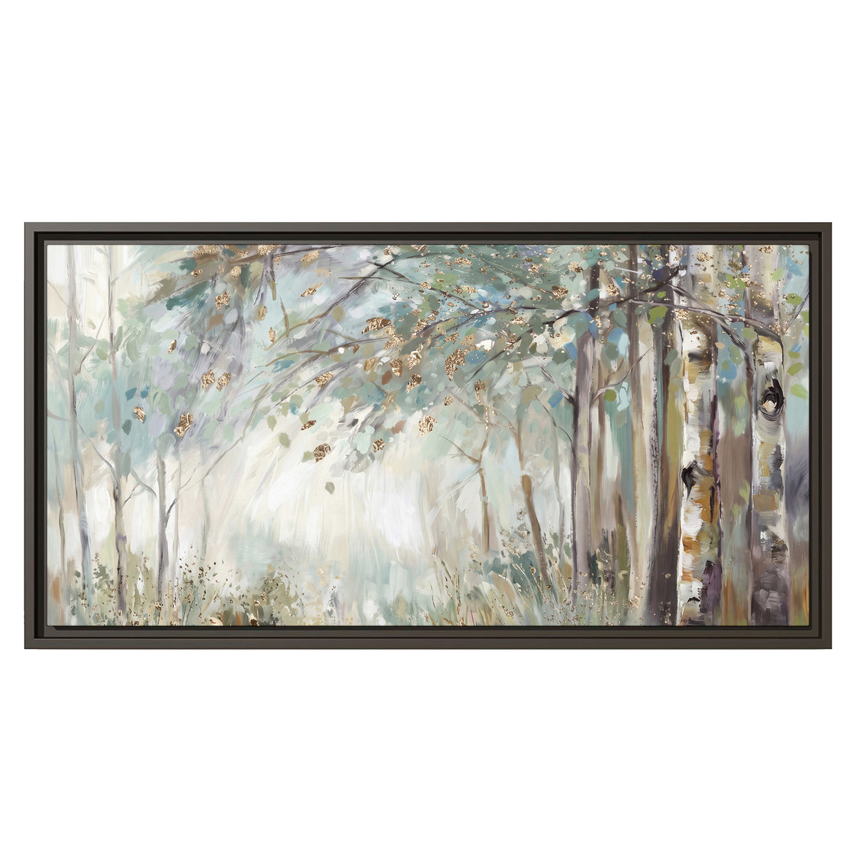 Slender woodland trunks and delicate branches in soft green and cream single framed canvas wall art viewed straight on