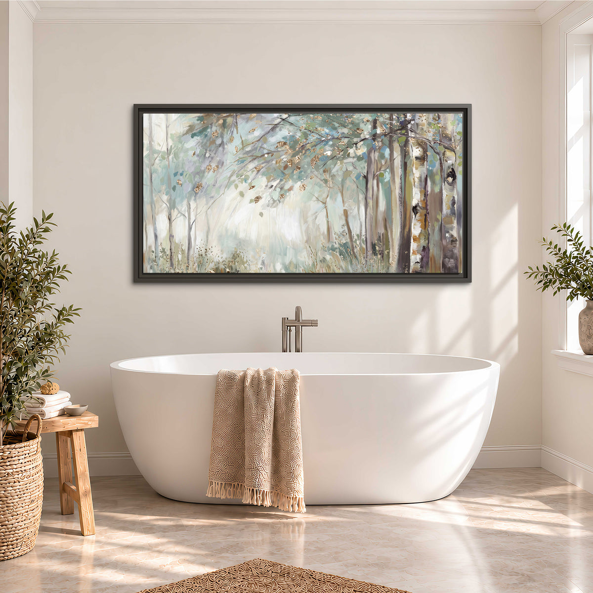 Slender woodland trunks and delicate branches in soft green and cream single framed canvas wall art styled in an interior