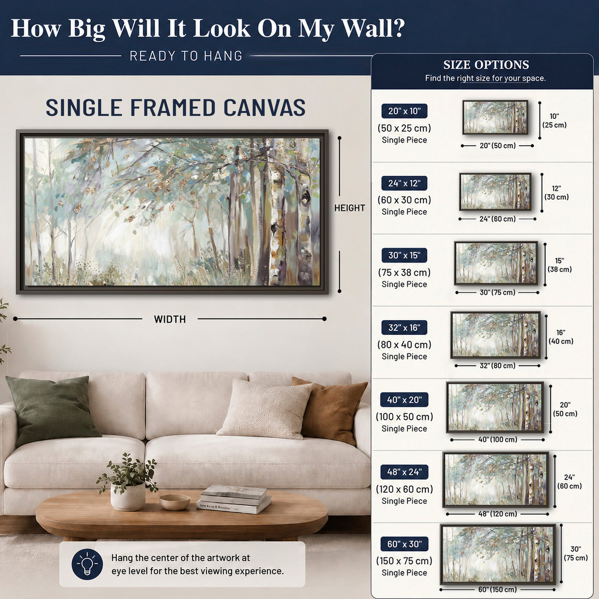 Slender woodland trunks and delicate branches in soft green and cream single framed canvas wall art size guide above a sofa; room view is illustrative