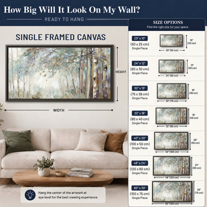 Slender woodland trunks and delicate branches in soft green and cream single framed canvas wall art size guide above a sofa; room view is illustrative