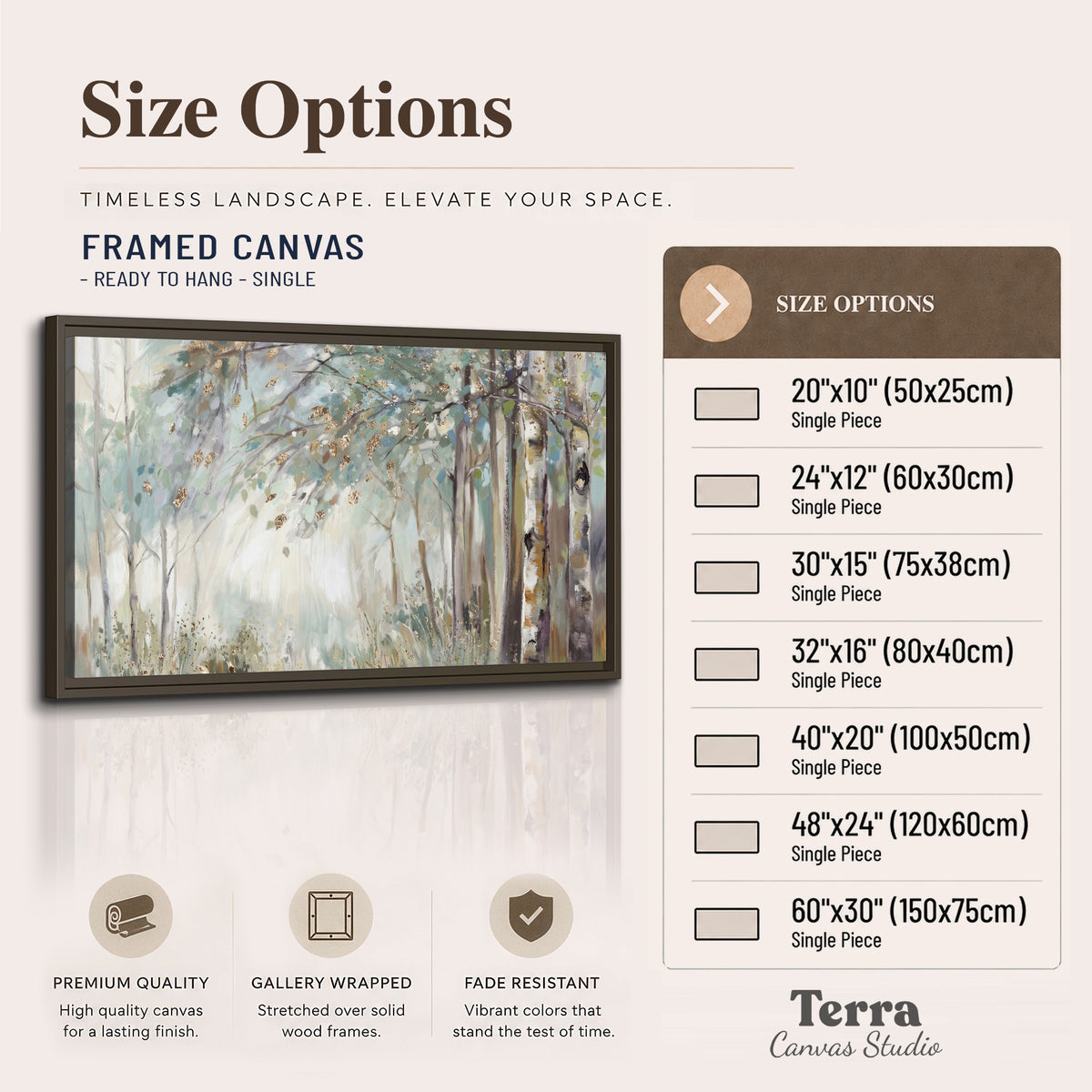 Slender woodland trunks and delicate branches in soft green and cream single framed canvas wall art available dimensions