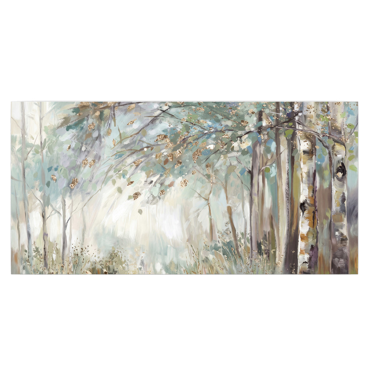 Slender woodland trunks and delicate branches in soft green and cream single poster print viewed straight on