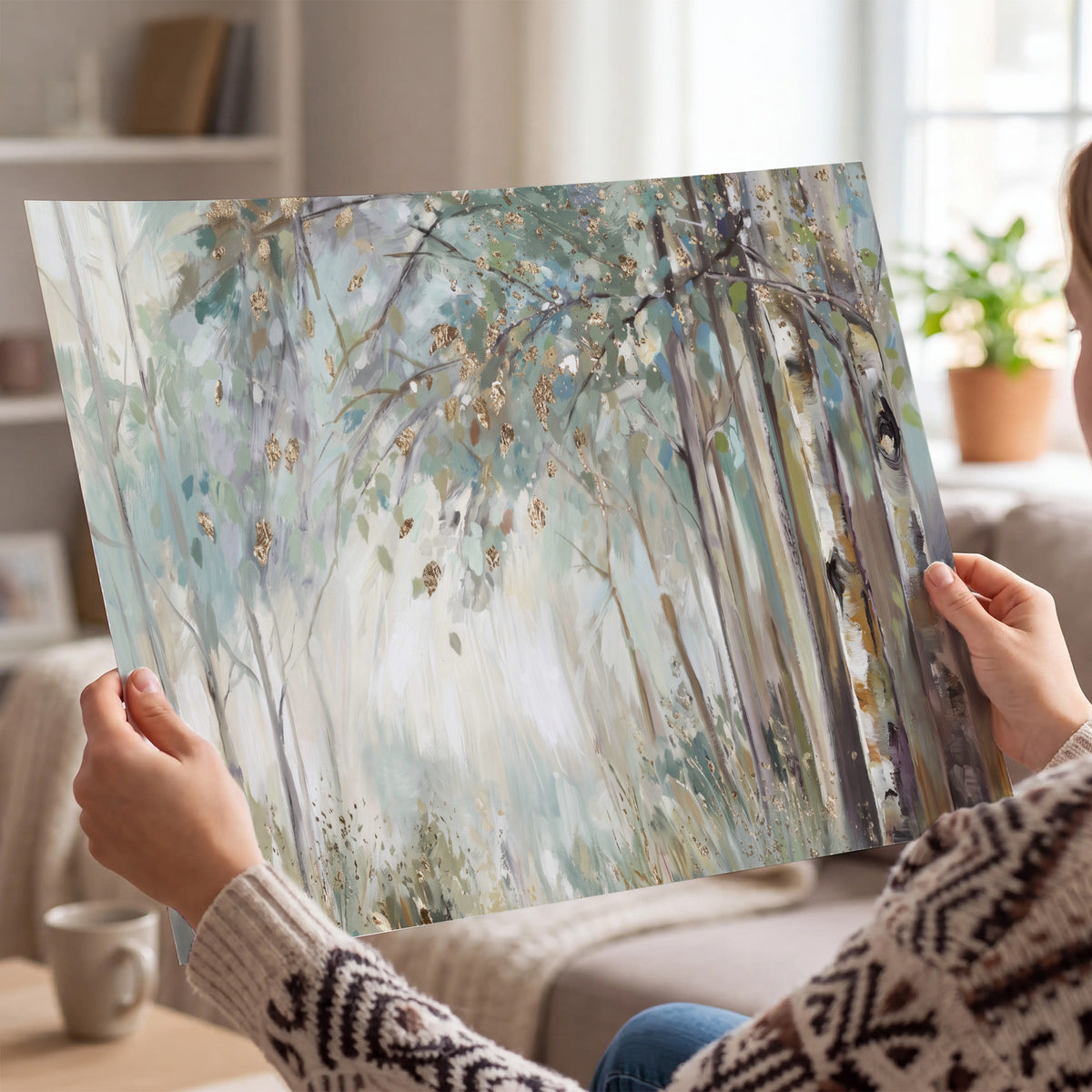 Slender woodland trunks and delicate branches in soft green and cream single poster print held in hands