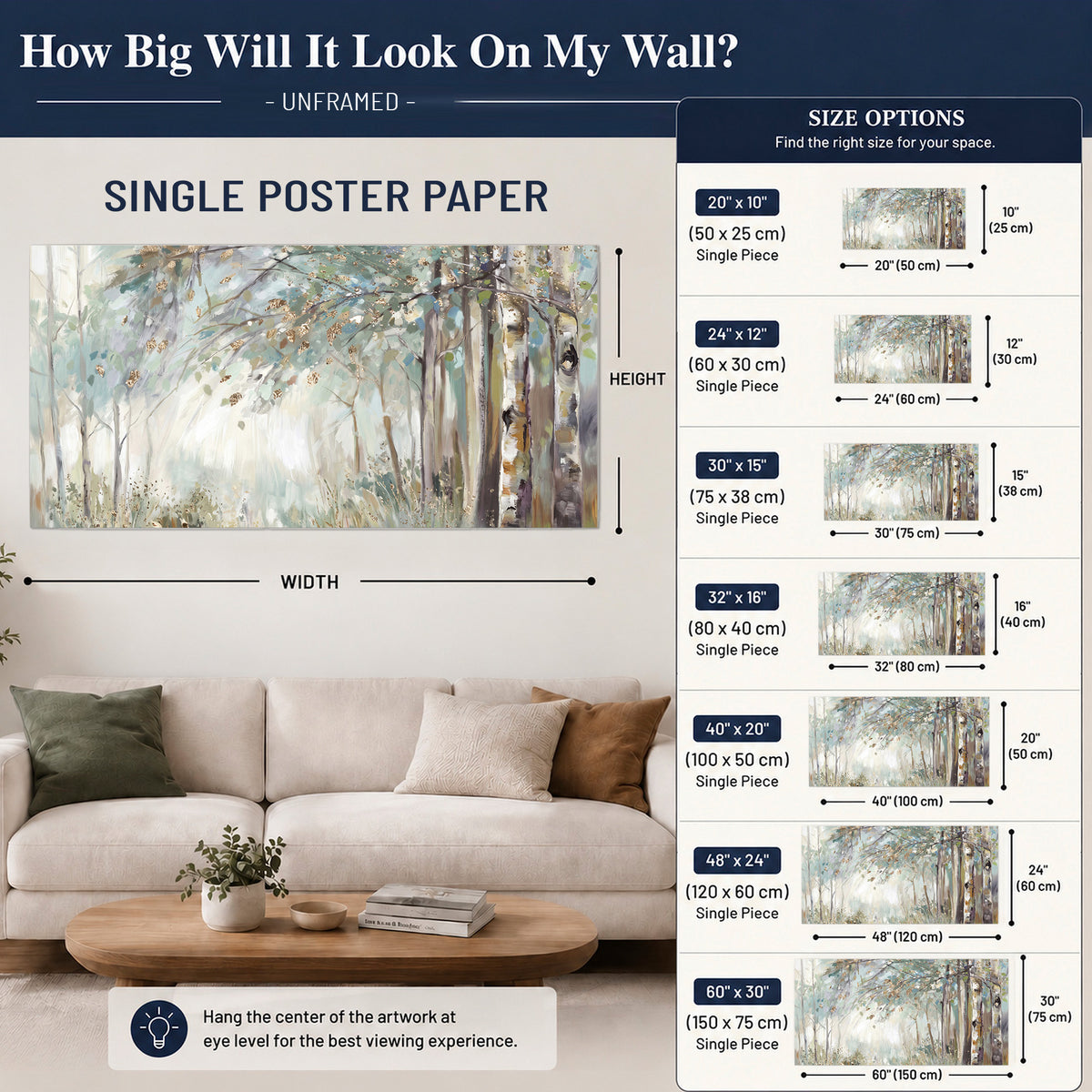 Slender woodland trunks and delicate branches in soft green and cream single poster print size guide above a sofa; room view is illustrative